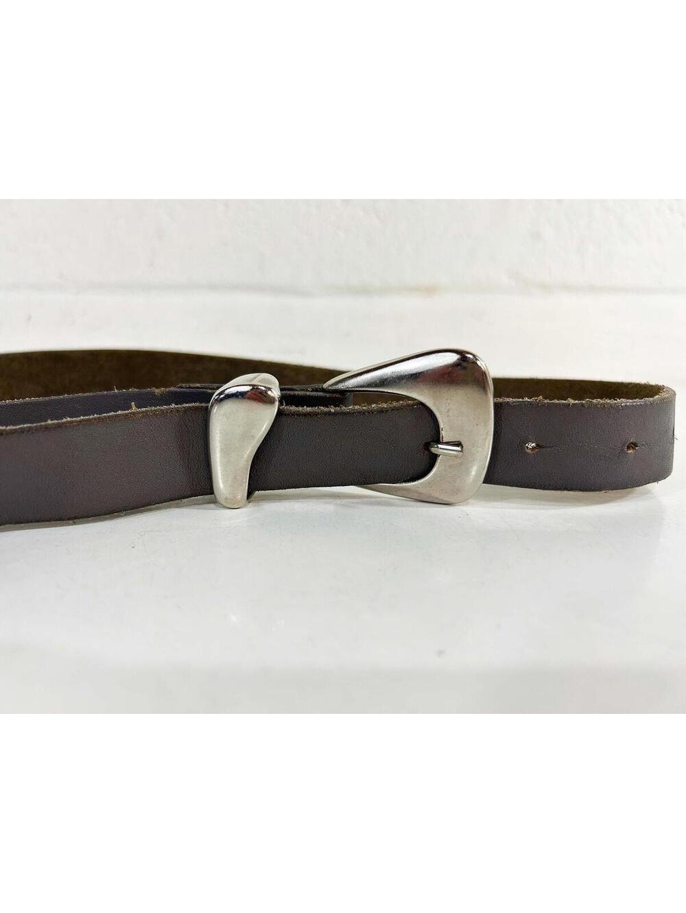 Omega Gray Leather Belt Silver Metal Buckle 1990s 1980s New Wave Post Punk